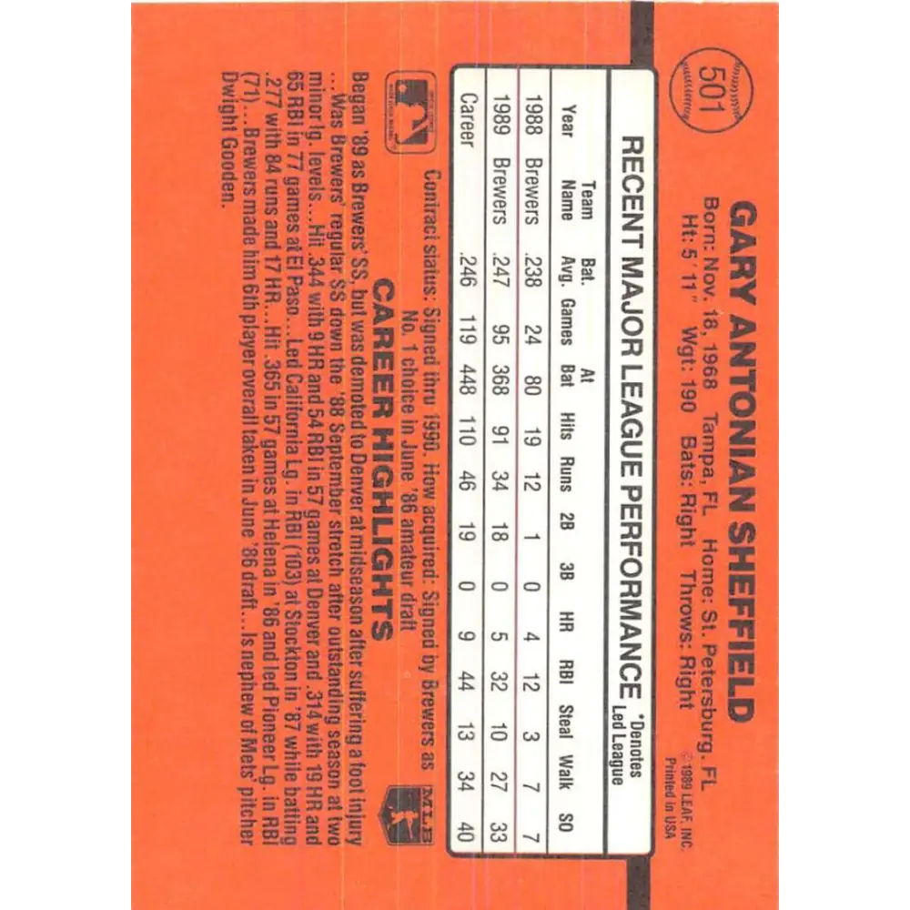 1990 Donruss #501 Gary Sheffield VG-EX Milwaukee Brewers Baseball Card Image 2