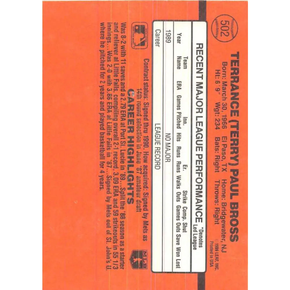 1990 Donruss #502 Terry Bross VG-EX RC Rookie New York Mets Baseball Card Image 2