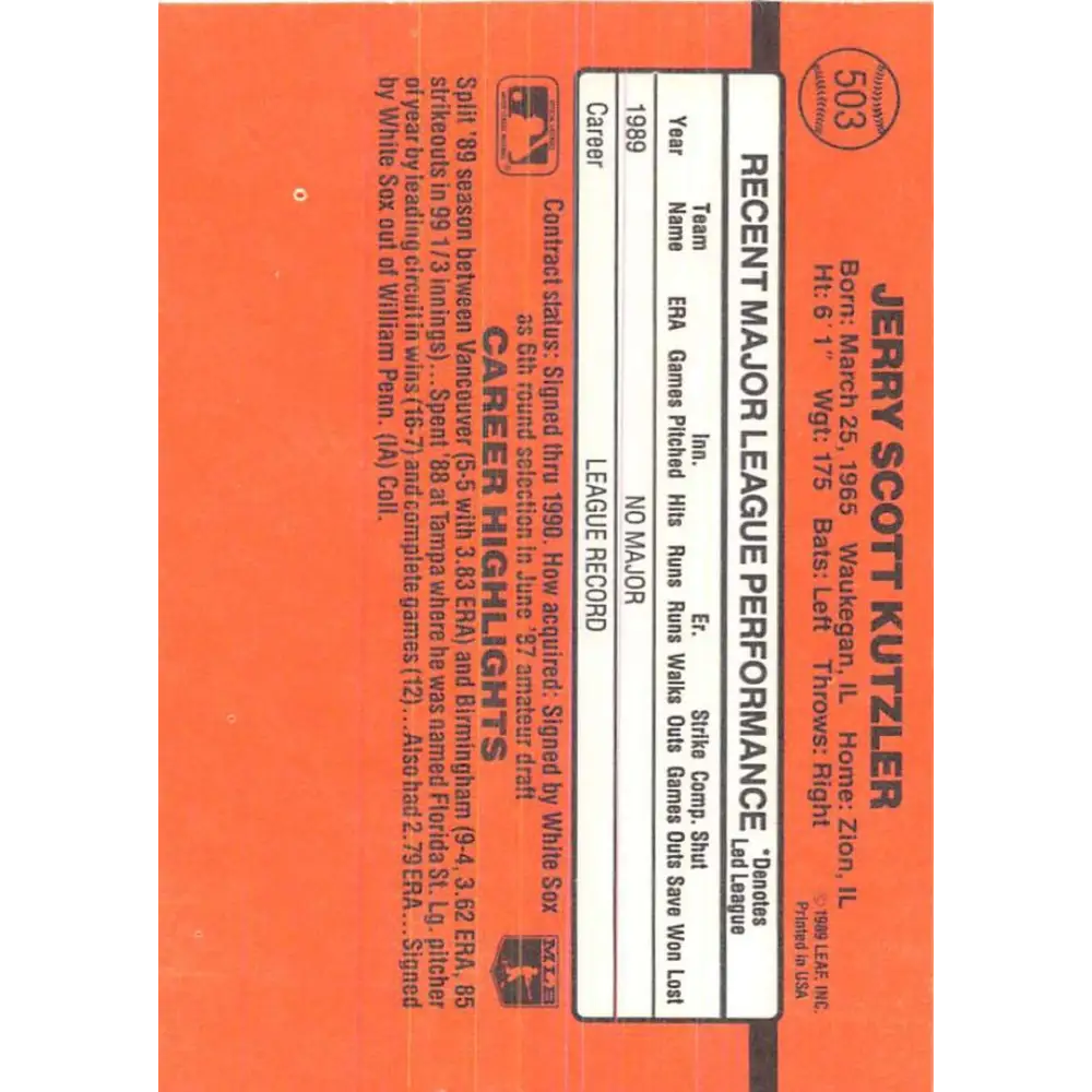 1990 Donruss #503 Jerry Kutzler VG-EX RC Rookie Chicago White Sox Baseball Card Image 2