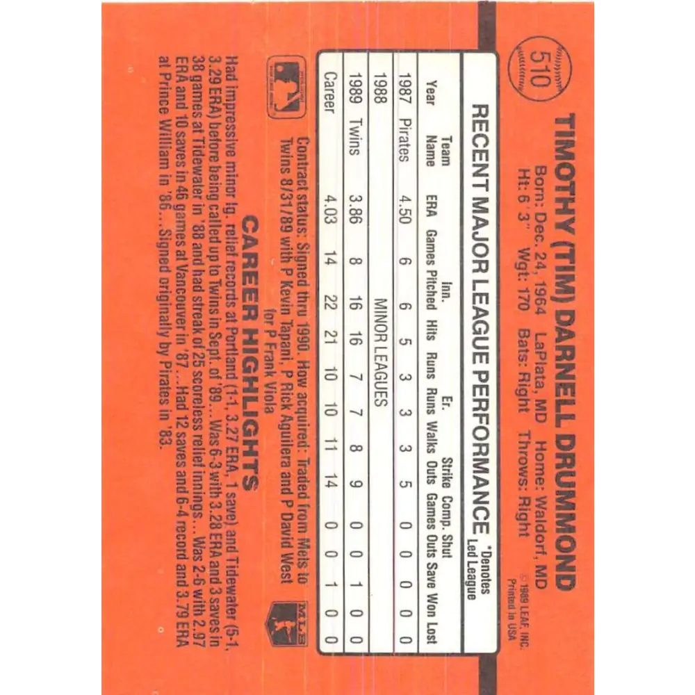 1990 Donruss #510 Tim Drummond VG-EX RC Rookie Minnesota Twins Baseball Card Image 2