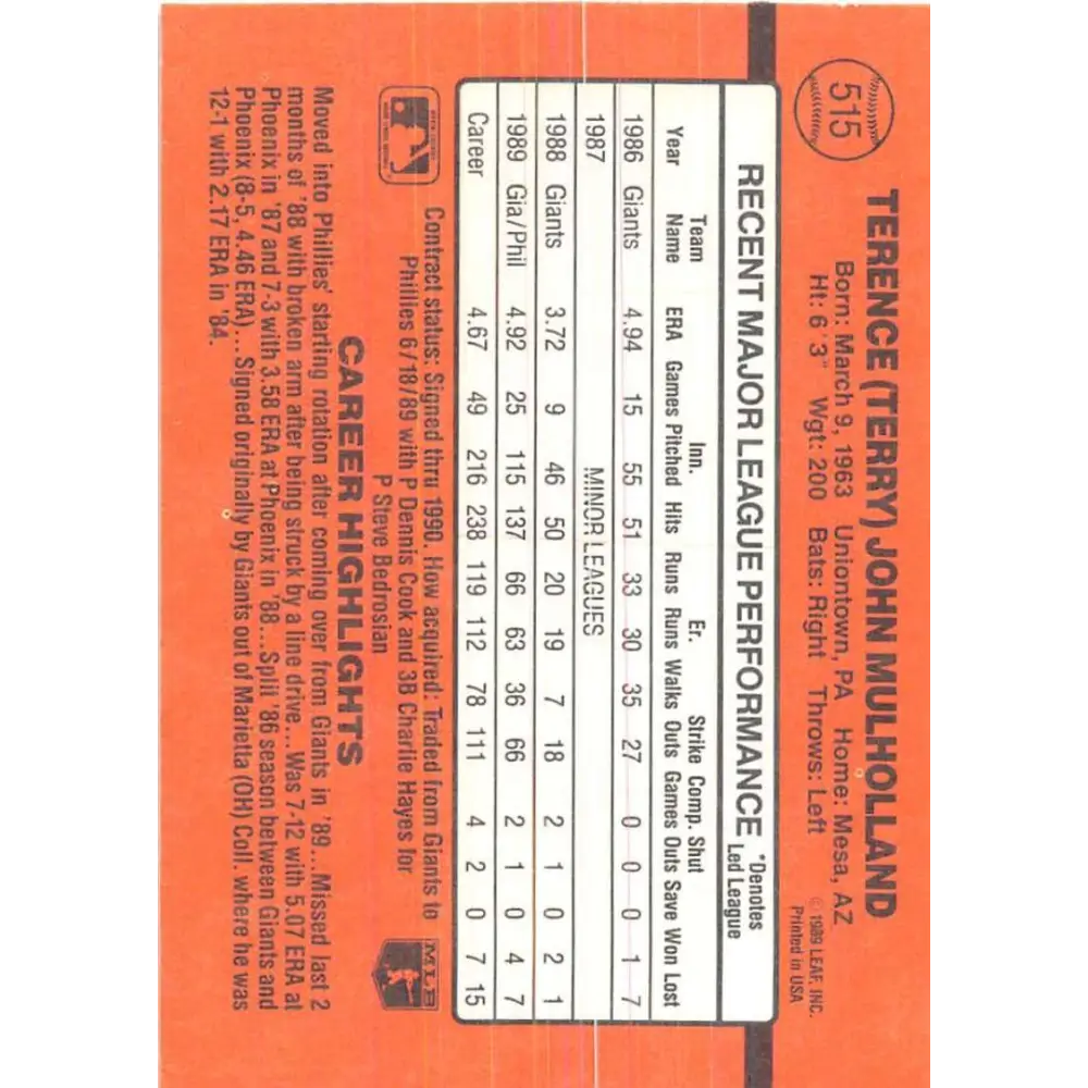 1990 Donruss #515 Terry Mulholland VG-EX Philadelphia Phillies Baseball Card Image 2