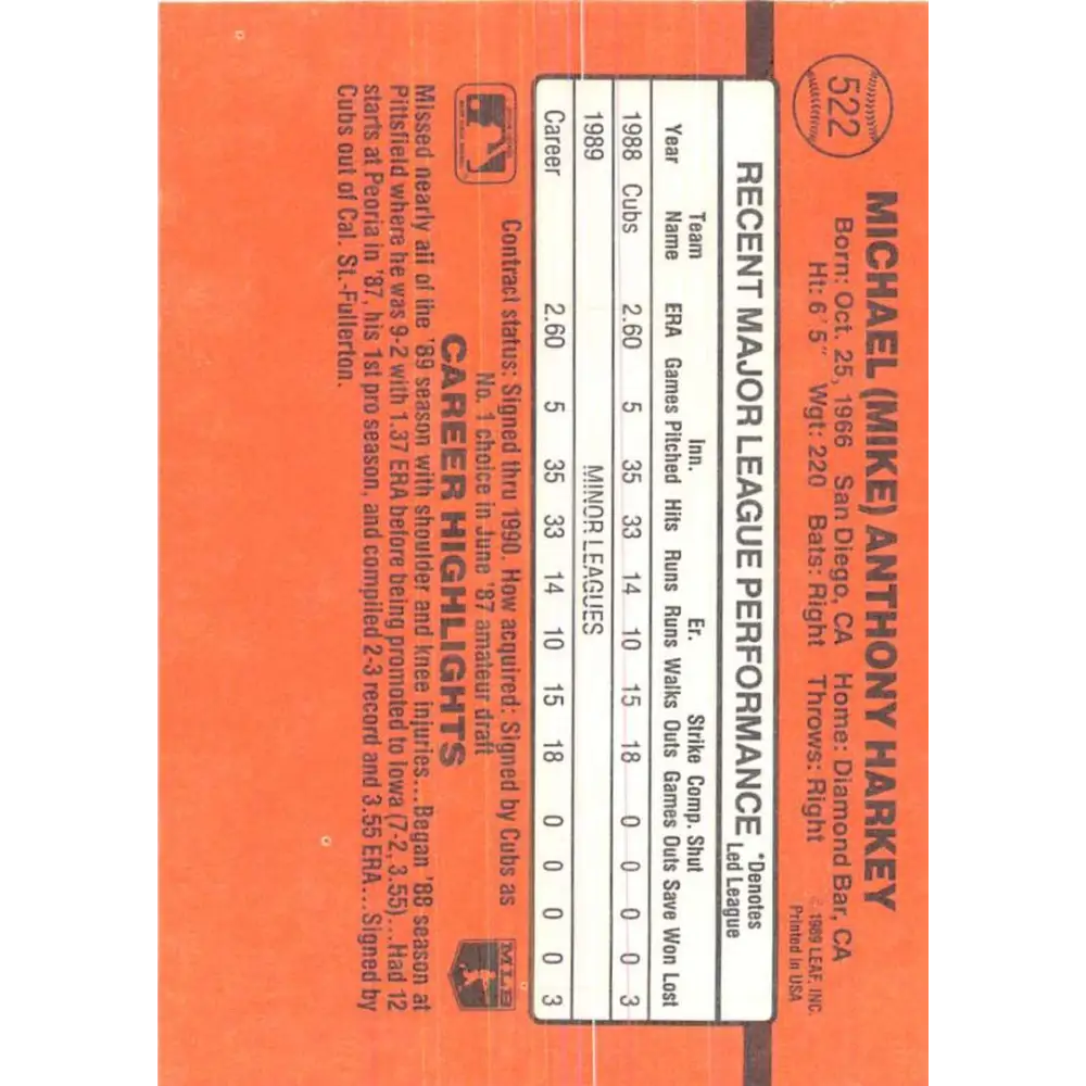 1990 Donruss #522 Mike Harkey VG-EX Chicago Cubs Baseball Card Image 2
