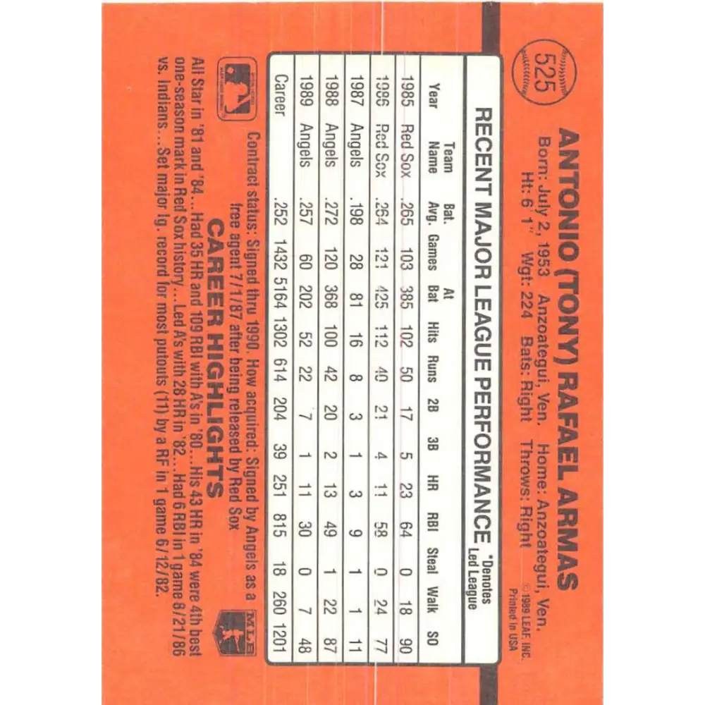 1990 Donruss #525 Tony Armas VG-EX California Angels Baseball Card Image 2
