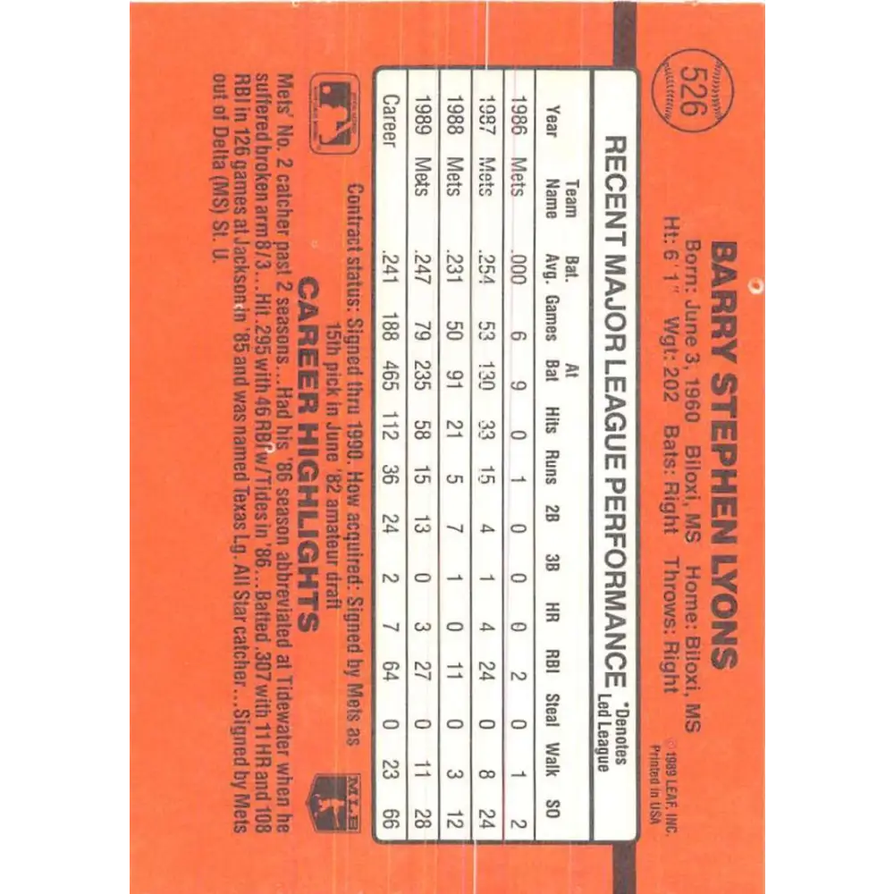 1990 Donruss #526 Barry Lyons VG-EX New York Mets Baseball Card Image 2