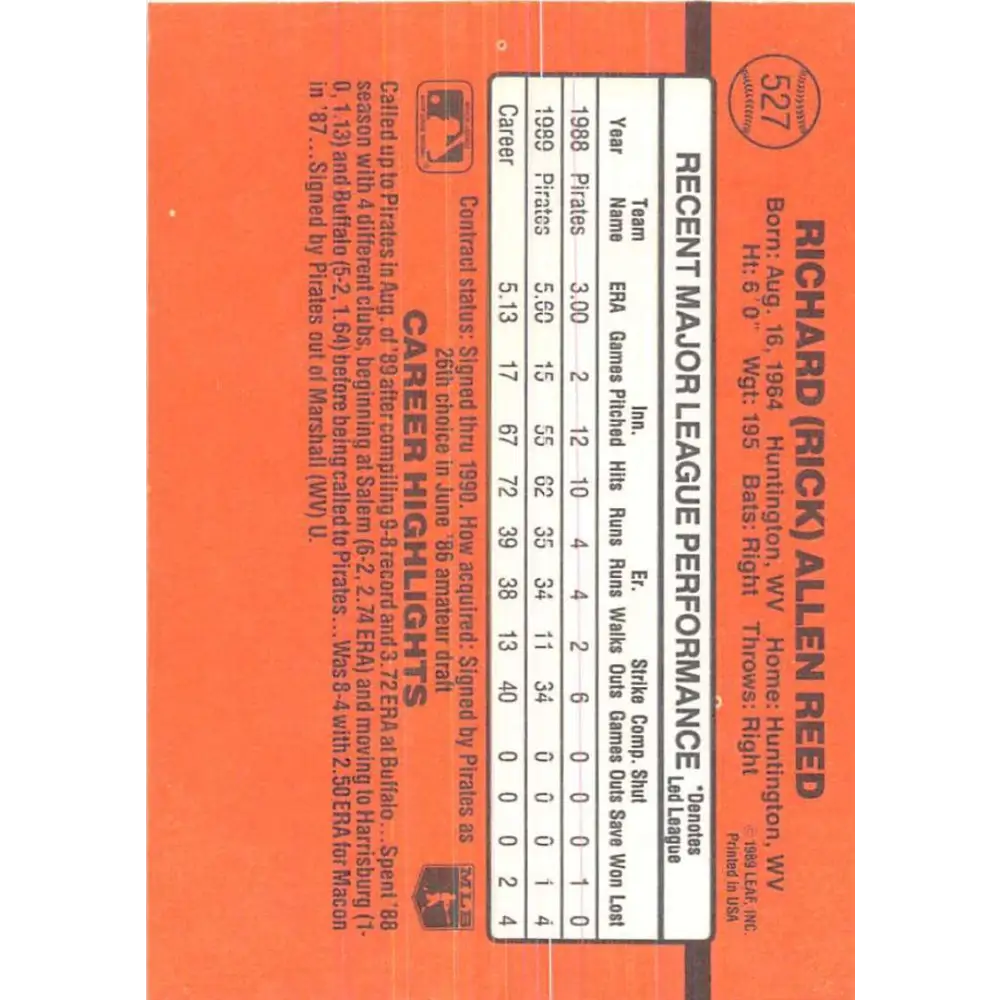 1990 Donruss #527 Rick Reed VG-EX RC Rookie Pittsburgh Pirates Baseball Card Image 2