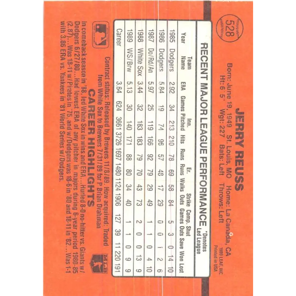 1990 Donruss #528 Jerry Reuss VG-EX Milwaukee Brewers Baseball Card Image 2