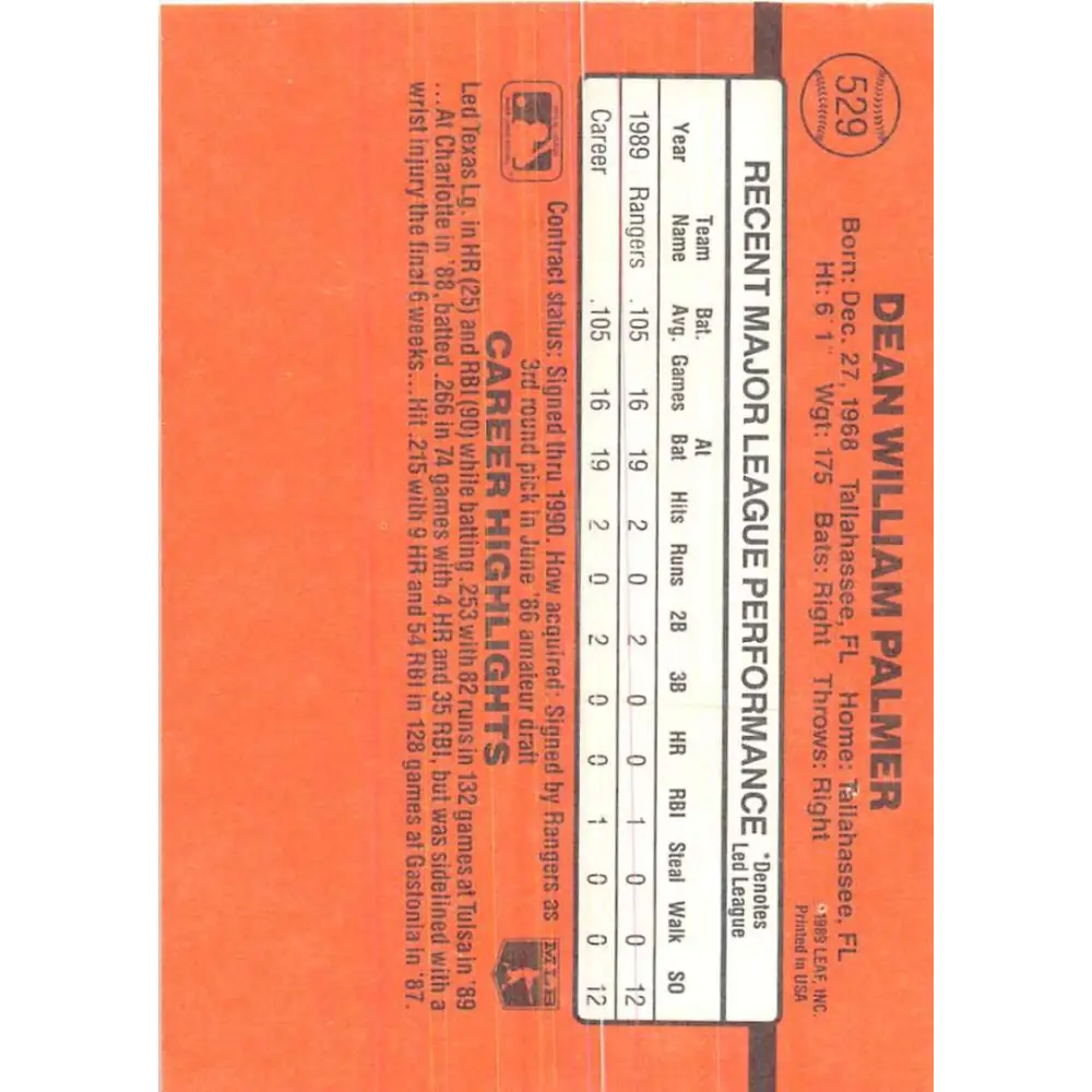 1990 Donruss #529 Dean Palmer VG-EX RC Rookie Texas Rangers Baseball Card Image 2