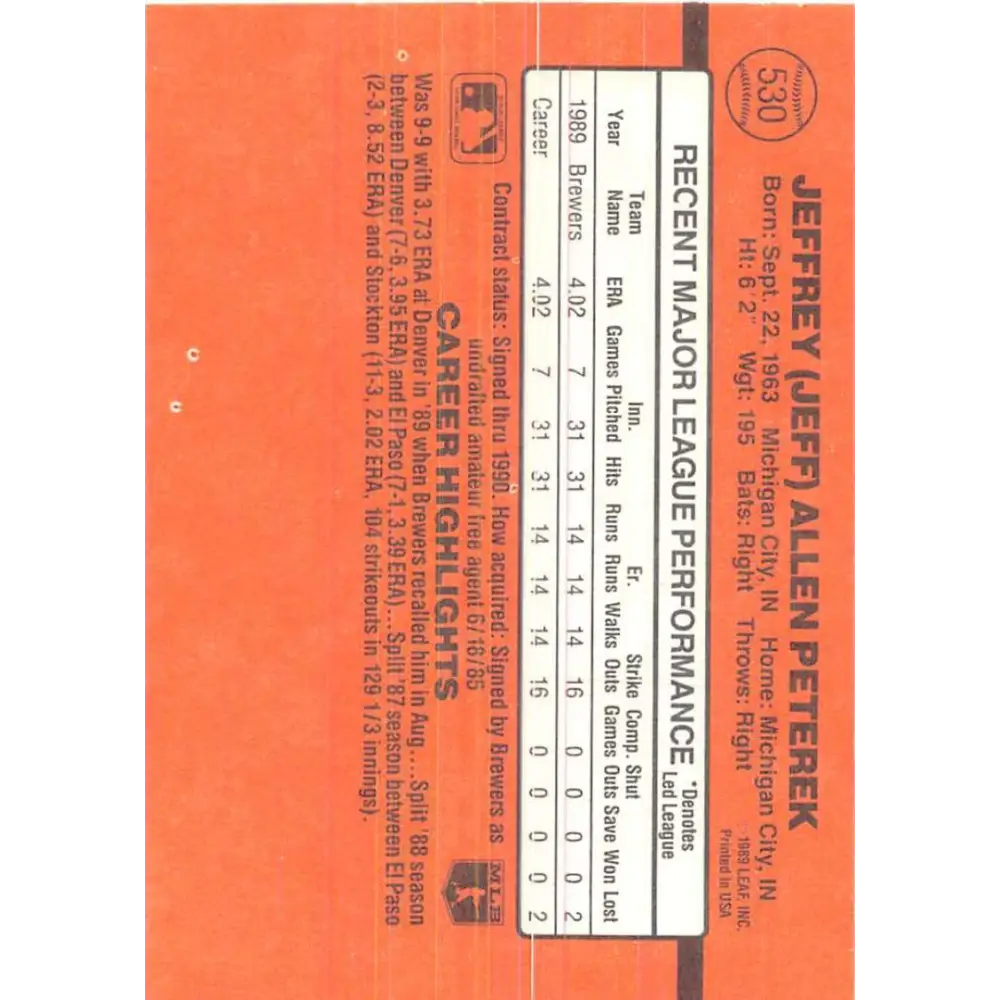 1990 Donruss #530 Jeff Peterek VG-EX RC Rookie Milwaukee Brewers Baseball Card Image 2