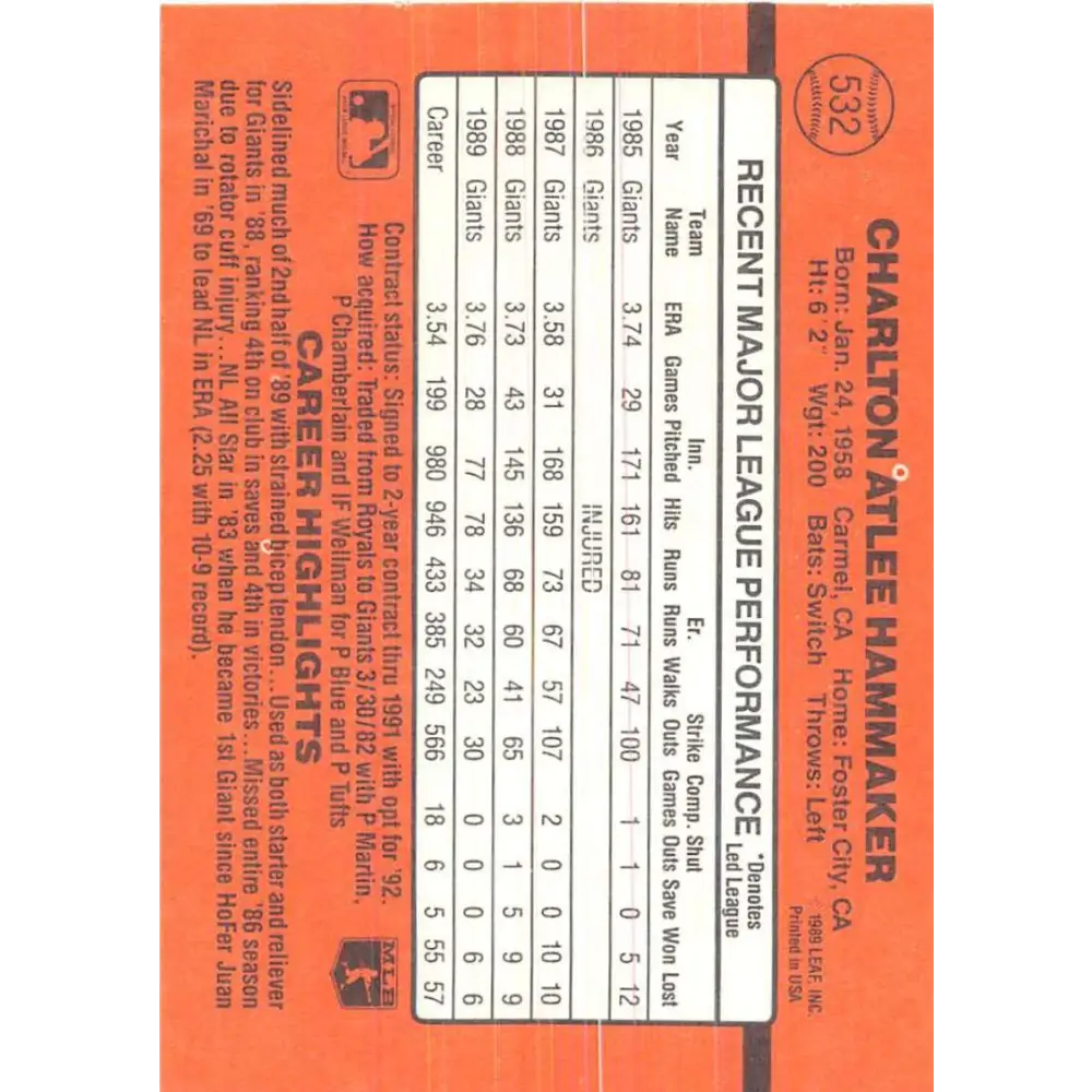 1990 Donruss #532 Atlee Hammaker VG-EX San Francisco Giants Baseball Card Image 2