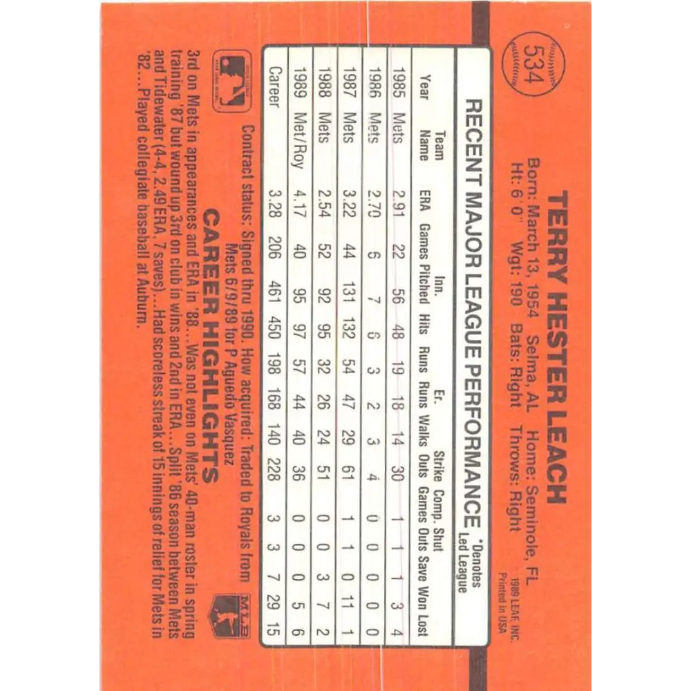 1990 Donruss #534 Terry Leach VG-EX Kansas City Royals Baseball Card Image 2