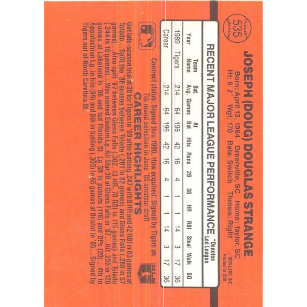 1990 Donruss #535 Doug Strange VG-EX RC Rookie Detroit Tigers Baseball Card Image 2