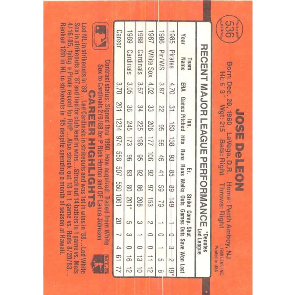 1990 Donruss #536 Jose DeLeon VG-EX St. Louis Cardinals Baseball Card Image 2