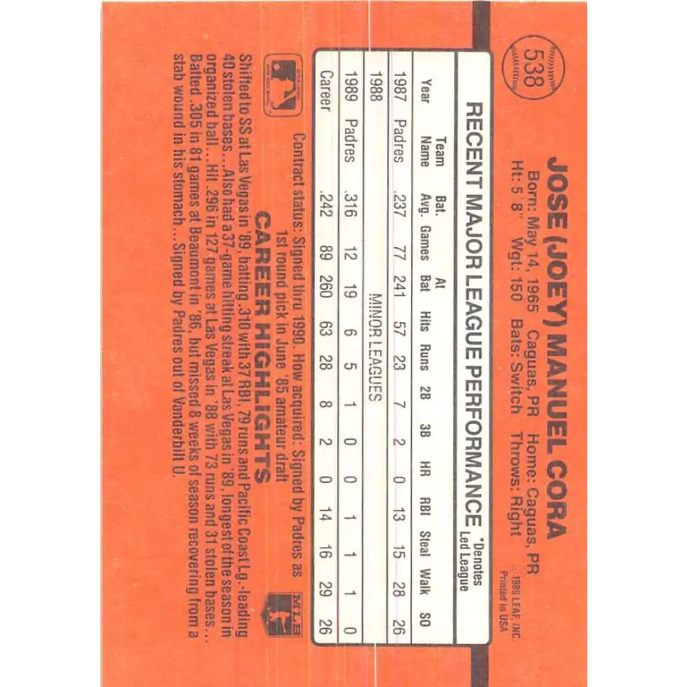 1990 Donruss #538 Joey Cora VG-EX San Diego Padres Baseball Card Image 2