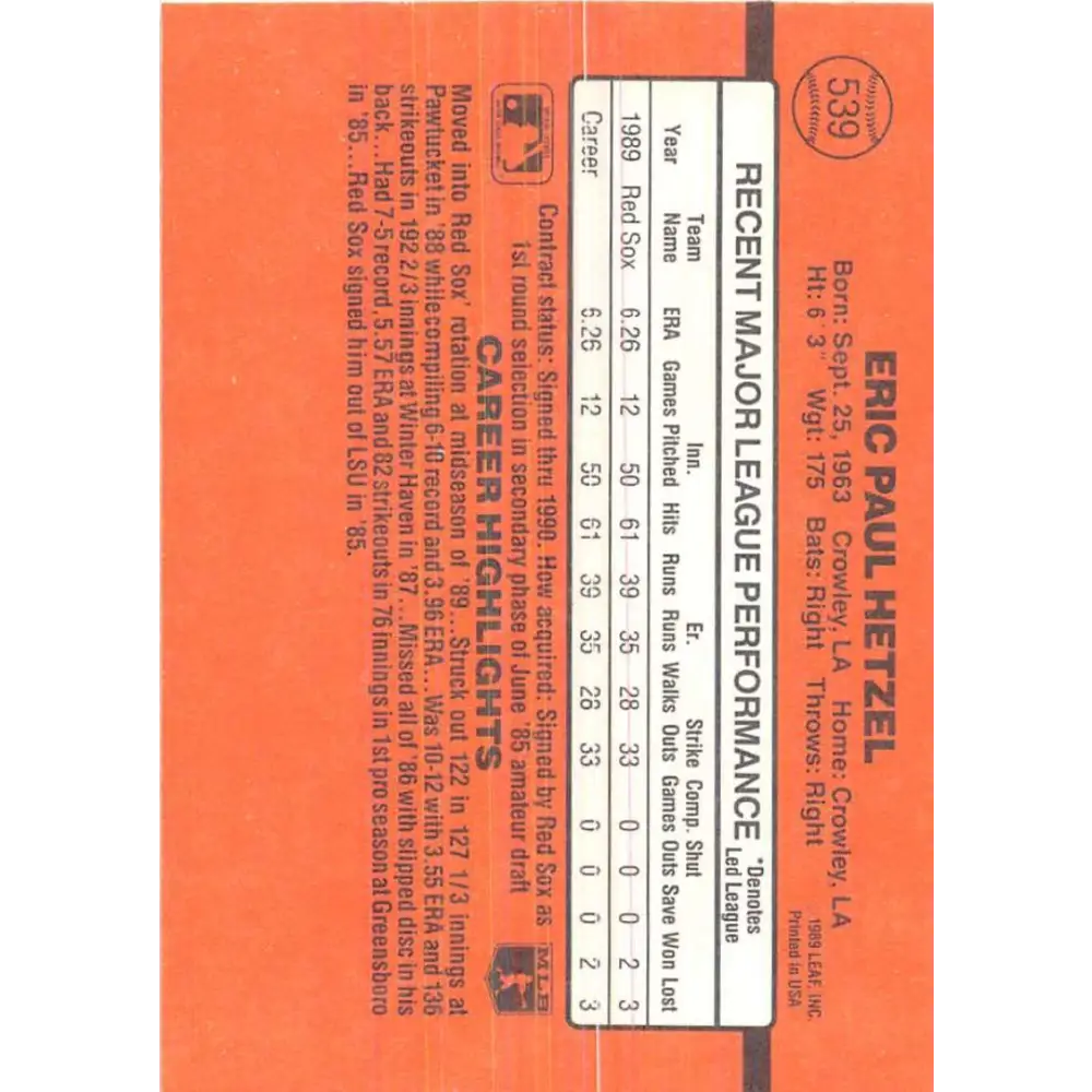 1990 Donruss #539 Eric Hetzel VG-EX Boston Red Sox Baseball Card Image 2