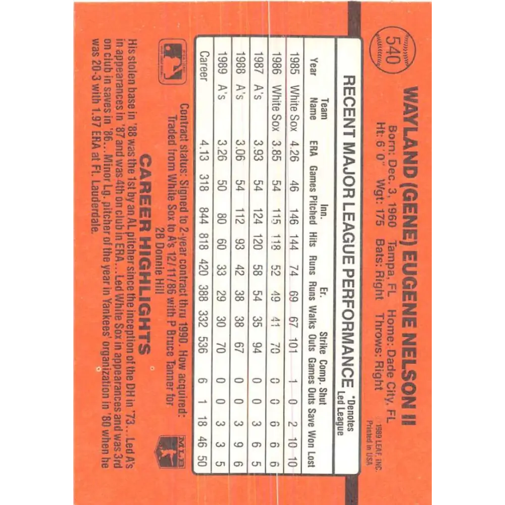 1990 Donruss #540 Gene Nelson VG-EX Oakland Athletics Baseball Card Image 2