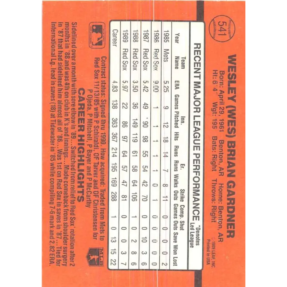 1990 Donruss #541 Wes Gardner VG-EX Boston Red Sox Baseball Card Image 2