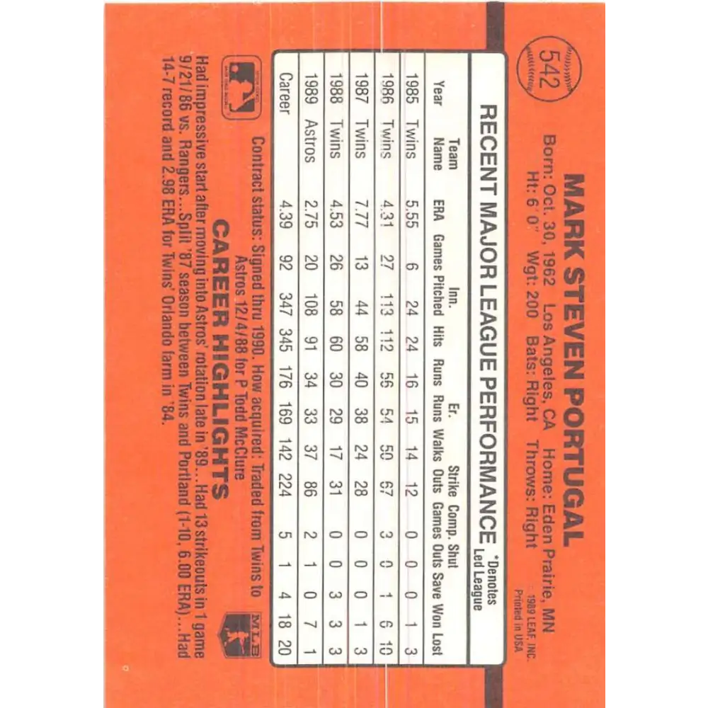 1990 Donruss #542 Mark Portugal VG-EX Houston Astros Baseball Card Image 2