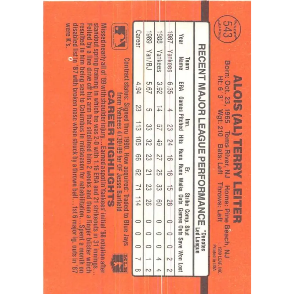 1990 Donruss #543 Al Leiter VG-EX Toronto Blue Jays Baseball Card Image 2