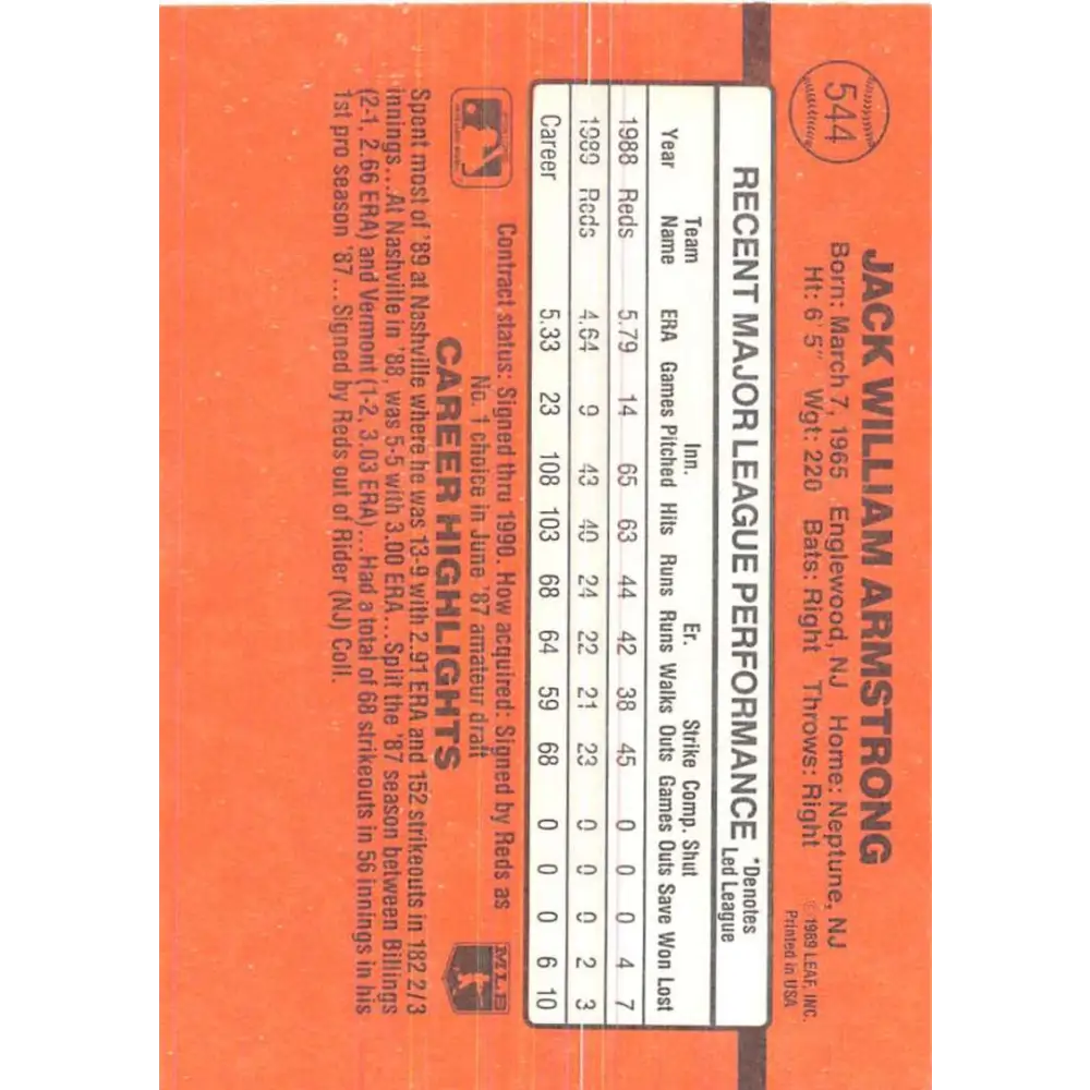 1990 Donruss #544 Jack Armstrong VG-EX Cincinnati Reds Baseball Card Image 2
