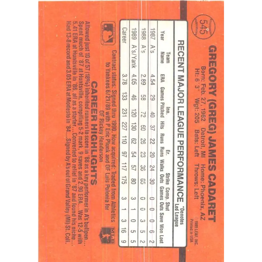1990 Donruss #545 Greg Cadaret VG-EX New York Yankees Baseball Card Image 2