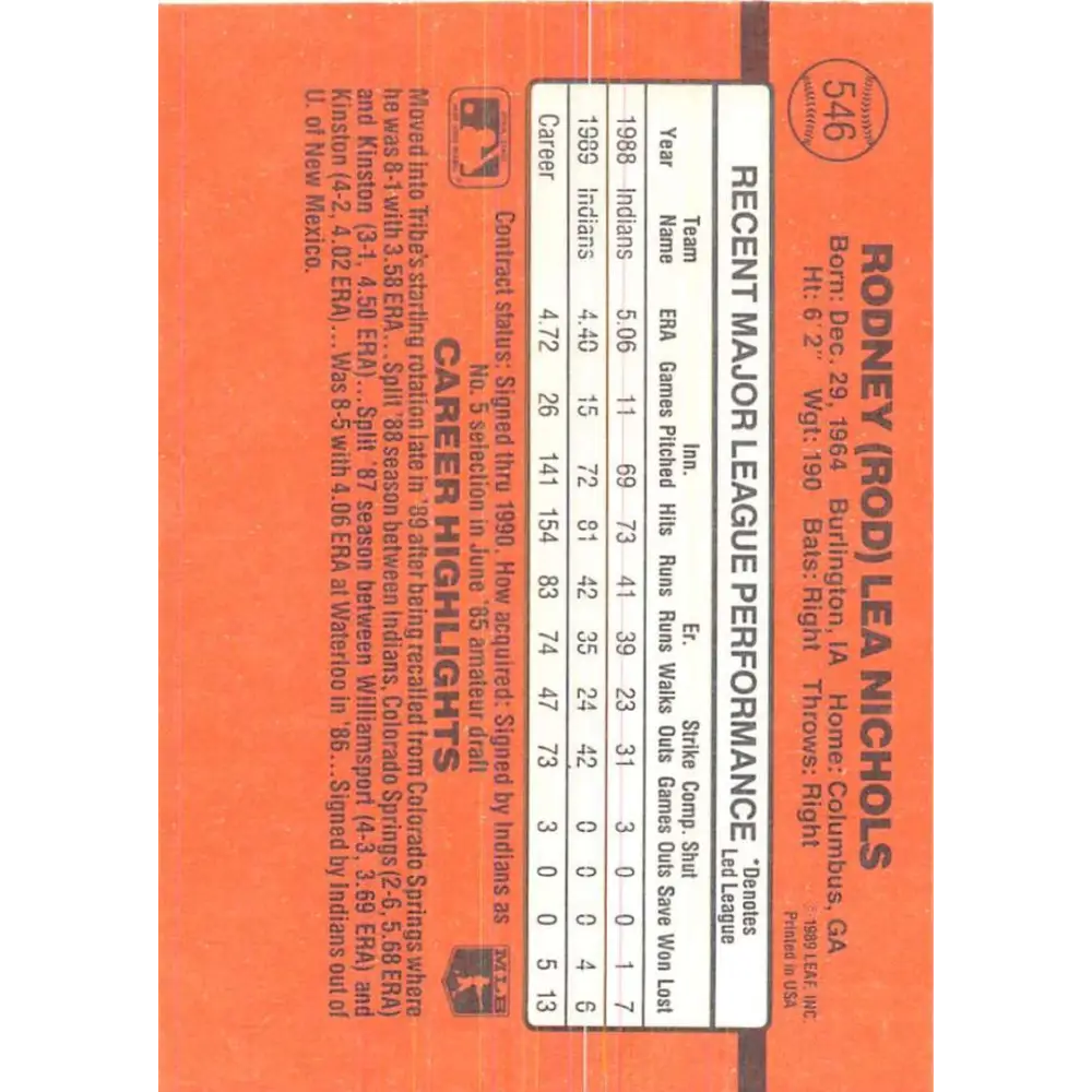 1990 Donruss #546 Rod Nichols VG-EX Cleveland Indians Baseball Card Image 2