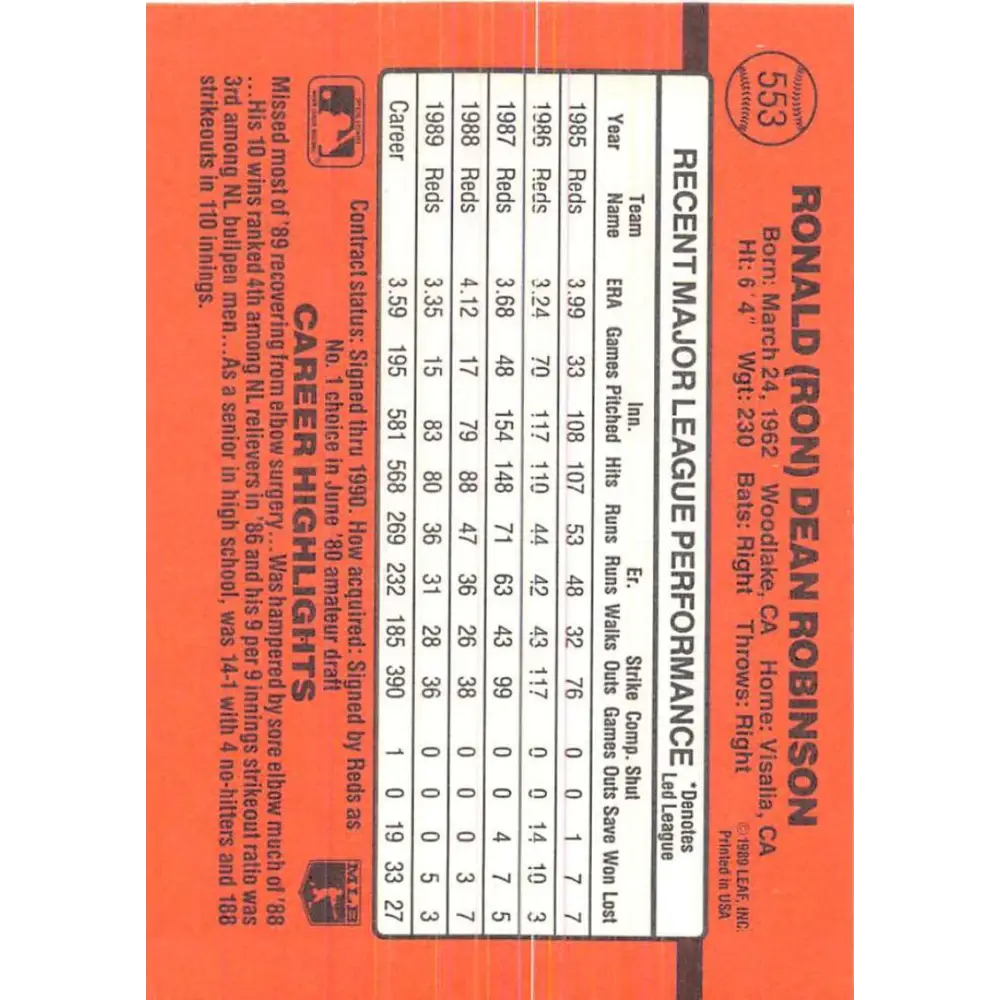 1990 Donruss #553 Ron Robinson VG-EX Cincinnati Reds Baseball Card Image 2
