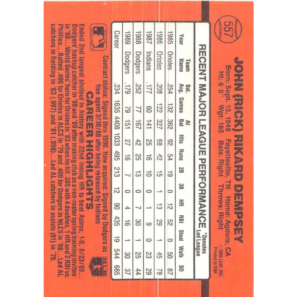 1990 Donruss #557 Rick Dempsey VG-EX Los Angeles Dodgers Baseball Card Image 2
