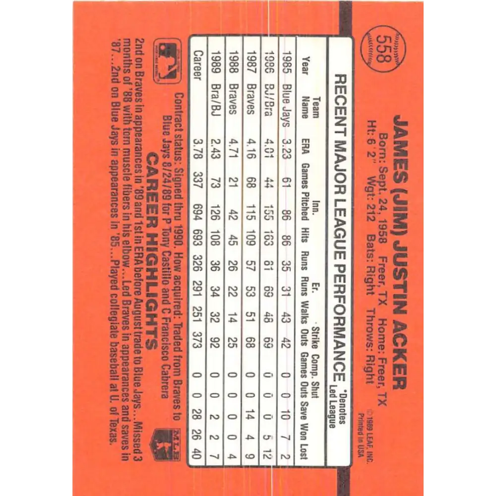 1990 Donruss #558 Jim Acker VG-EX Toronto Blue Jays Baseball Card Image 2