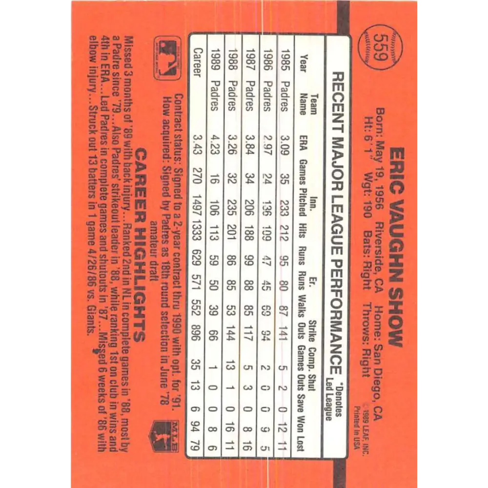 1990 Donruss #559 Eric Show VG-EX San Diego Padres Baseball Card Image 2