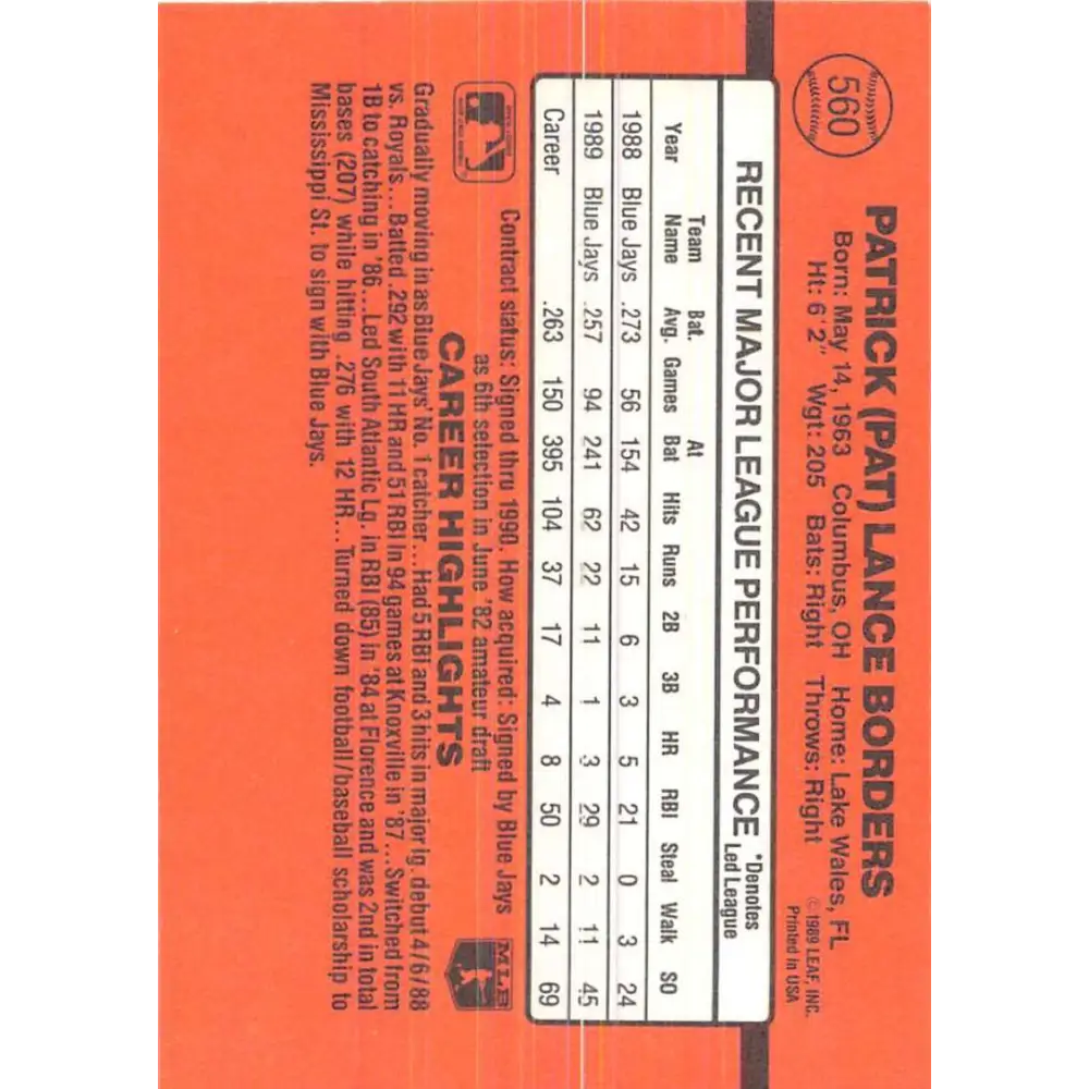 1990 Donruss #560 Pat Borders VG-EX Toronto Blue Jays Baseball Card Image 2