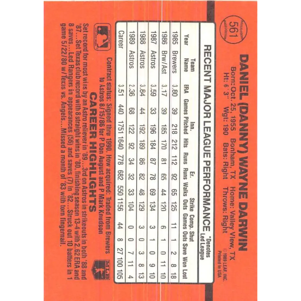 1990 Donruss #561 Danny Darwin VG-EX Houston Astros Baseball Card Image 2