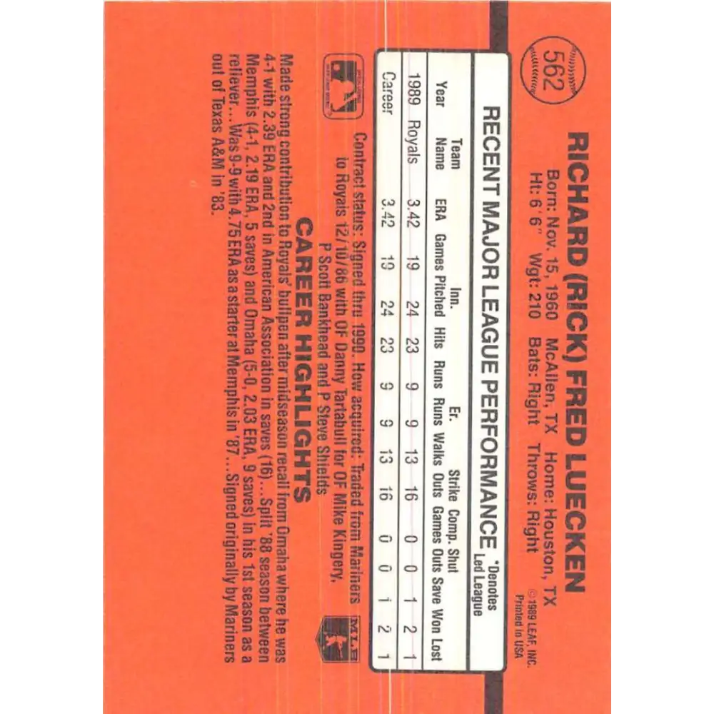 1990 Donruss #562 Rick Luecken VG-EX RC Rookie Kansas City Royals Baseball Card Image 2