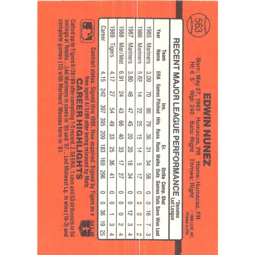1990 Donruss #563 Edwin Nunez VG-EX Detroit Tigers Baseball Card Image 2