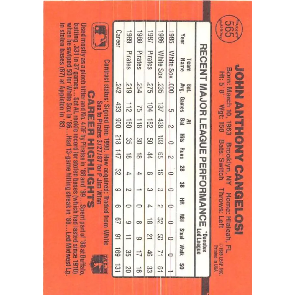 1990 Donruss #565 John Cangelosi VG-EX Pittsburgh Pirates Baseball Card Image 2