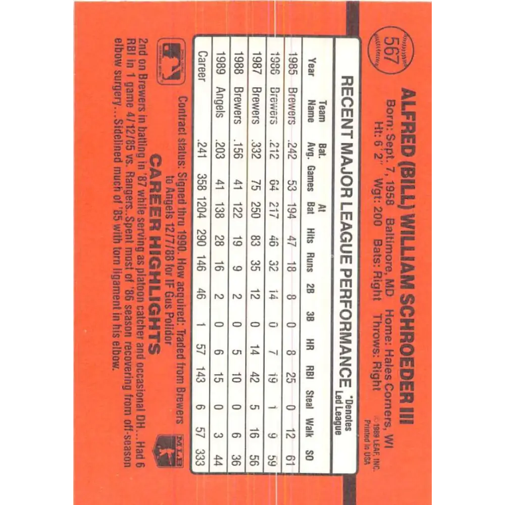 1990 Donruss #567 Bill Schroeder VG-EX California Angels Baseball Card Image 2