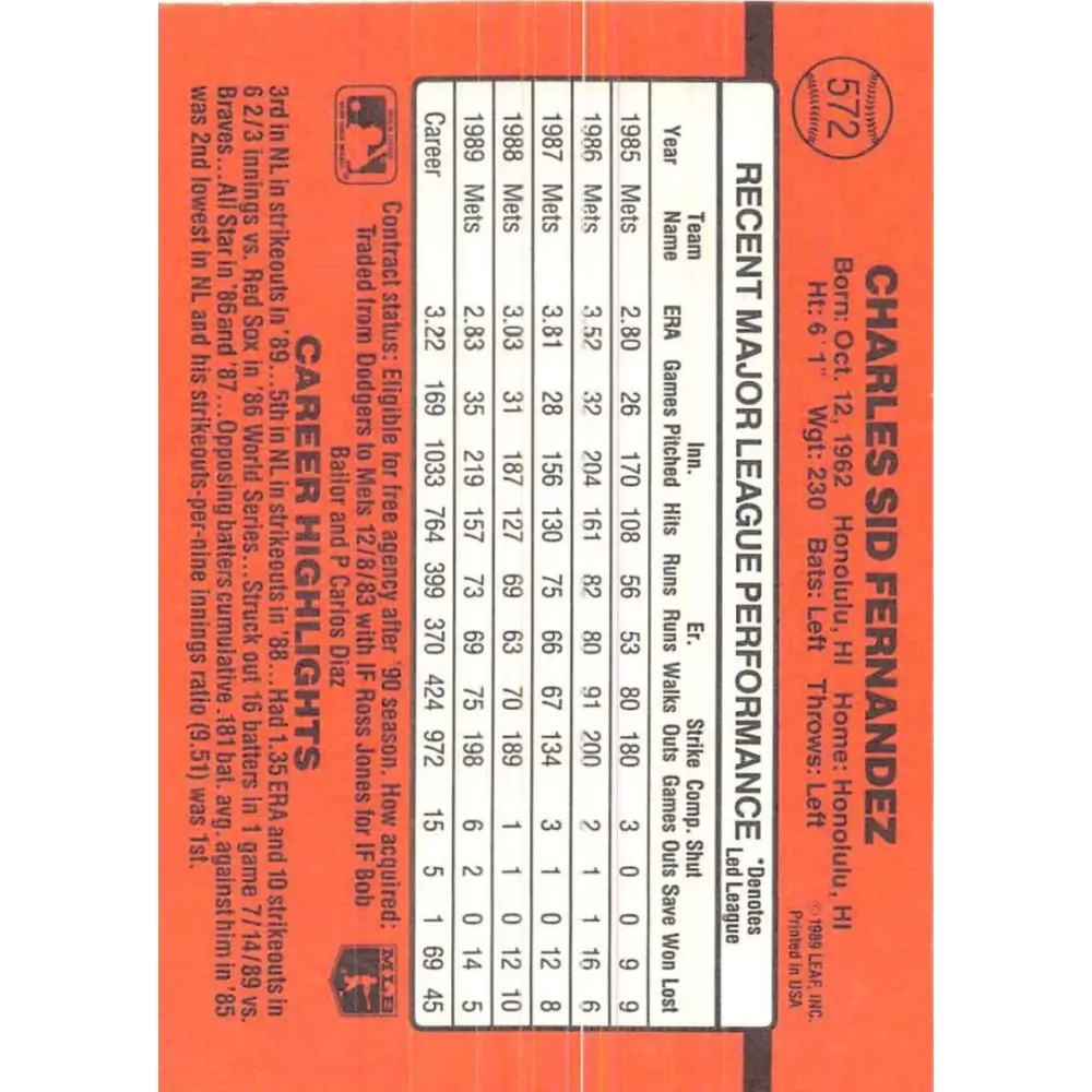 1990 Donruss #572 Sid Fernandez VG-EX New York Mets Baseball Card Image 2