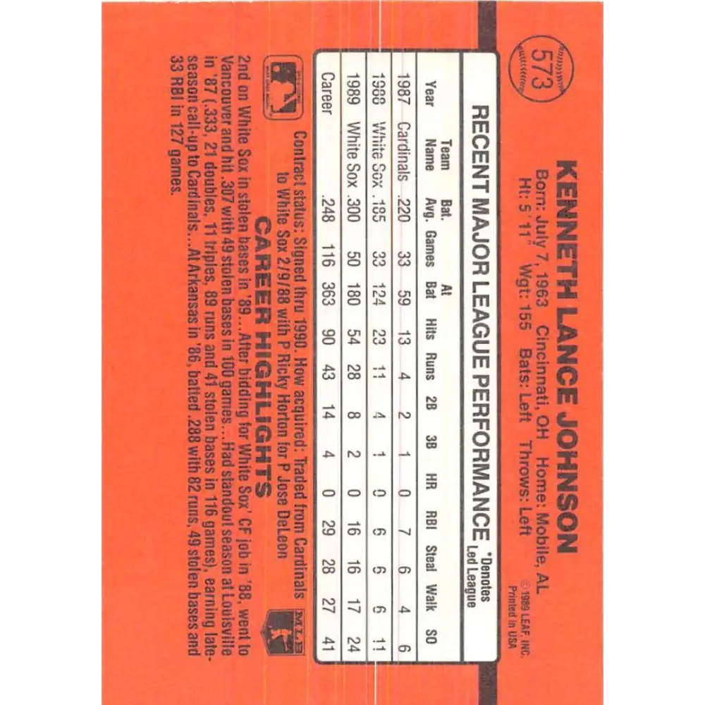 1990 Donruss #573 Lance Johnson VG-EX Chicago White Sox Baseball Card Image 2