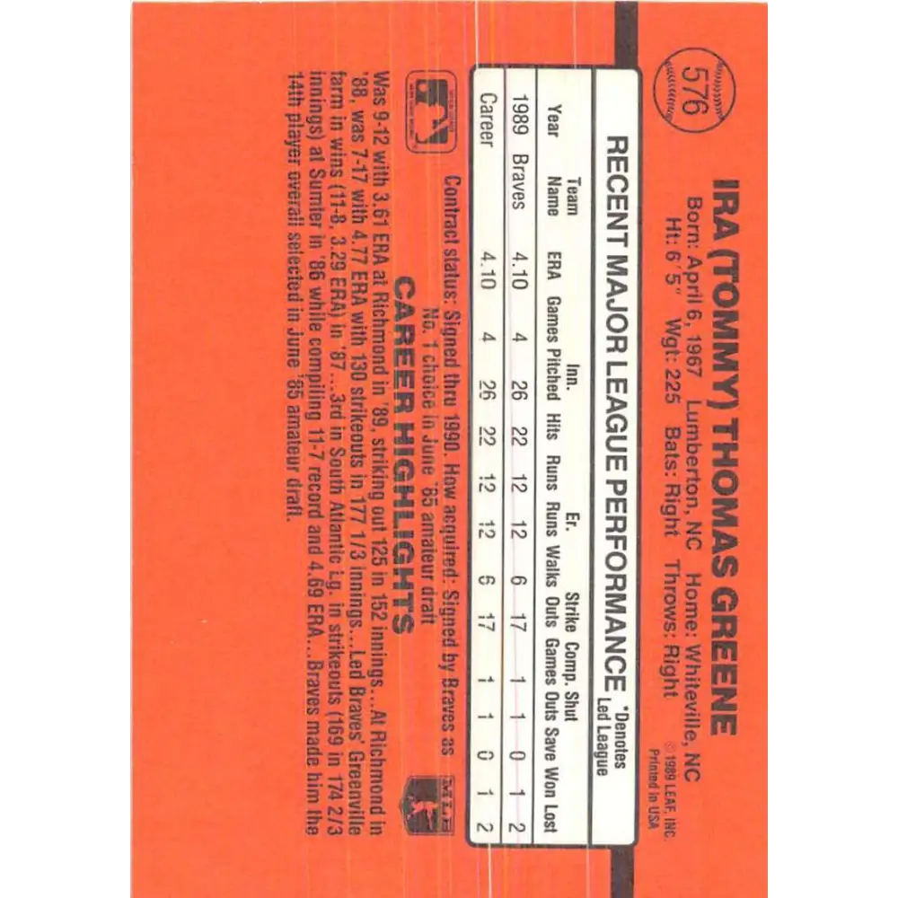 1990 Donruss #576 Tommy Greene VG-EX RC Rookie Atlanta Braves Baseball Card Image 2