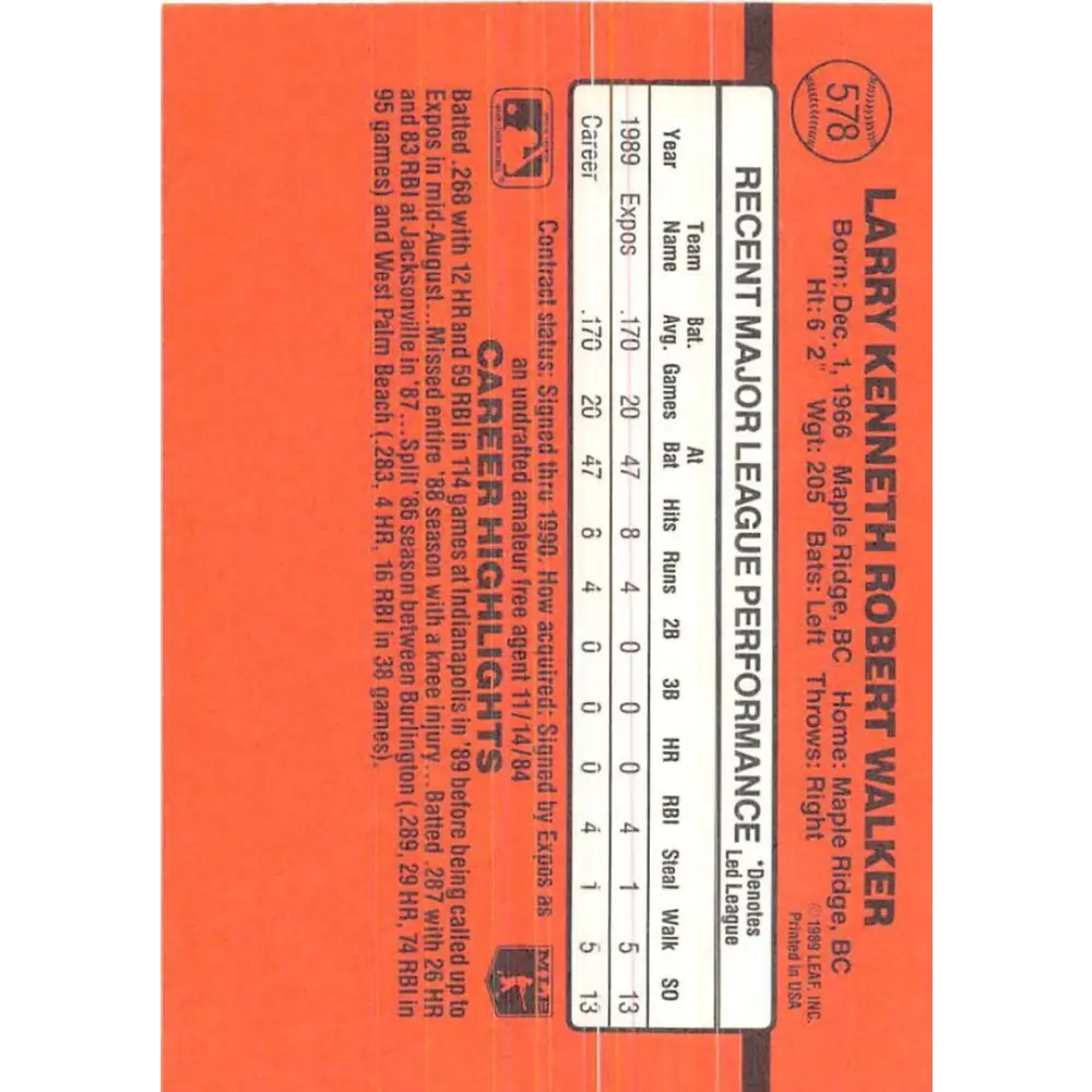 1990 Donruss #578 Larry Walker VG-EX RC Rookie Montreal Expos Baseball Card Image 2