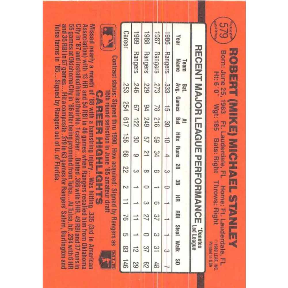 1990 Donruss #579 Mike Stanley VG-EX Texas Rangers Baseball Card Image 2