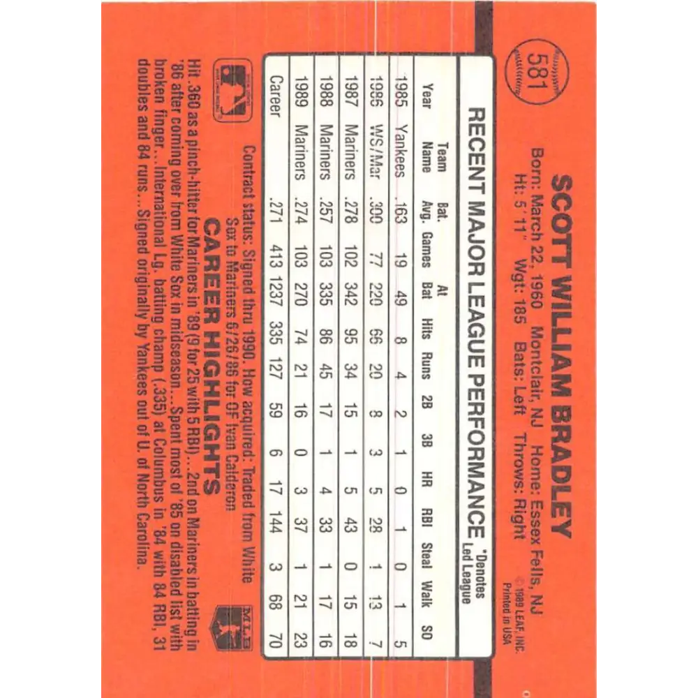 1990 Donruss #581 Scott Bradley VG-EX Seattle Mariners Baseball Card Image 2