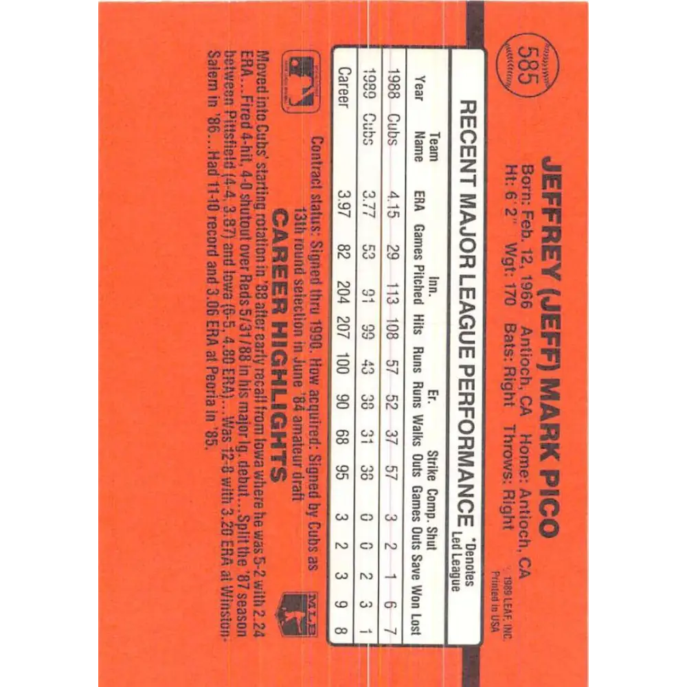 1990 Donruss #585 Jeff Pico VG-EX Chicago Cubs Baseball Card Image 2