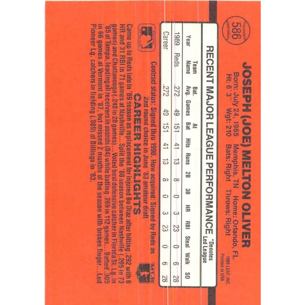 1990 Donruss #586 Joe Oliver VG-EX Cincinnati Reds Baseball Card Image 2