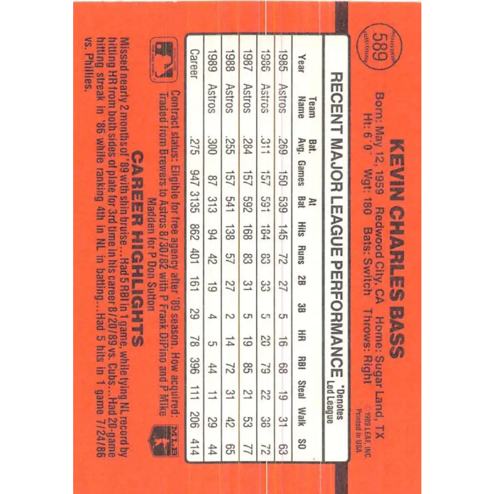 1990 Donruss #589 Kevin Bass DP VG-EX Houston Astros Baseball Card Image 2