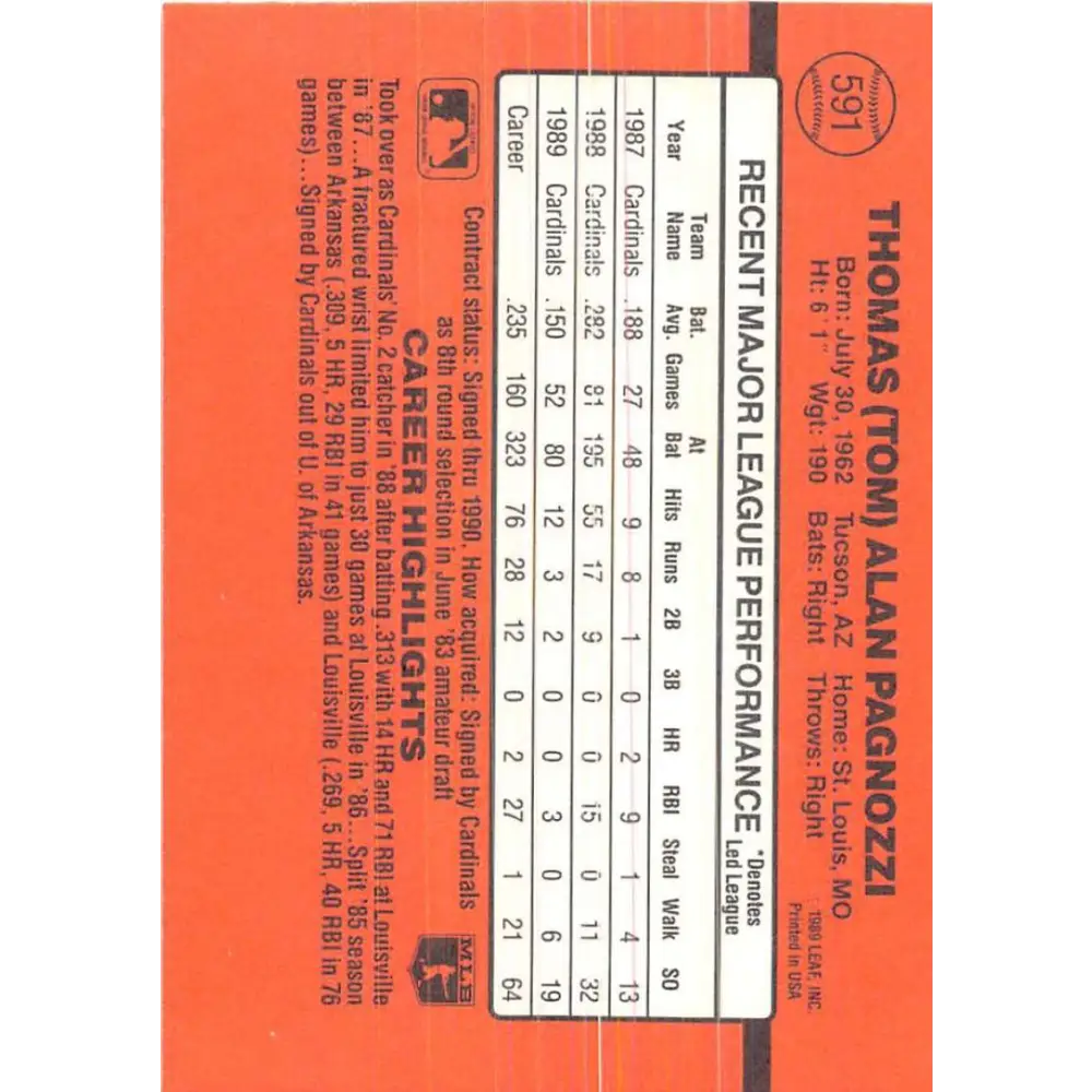 1990 Donruss #591 Tom Pagnozzi DP VG-EX St. Louis Cardinals Baseball Card Image 2