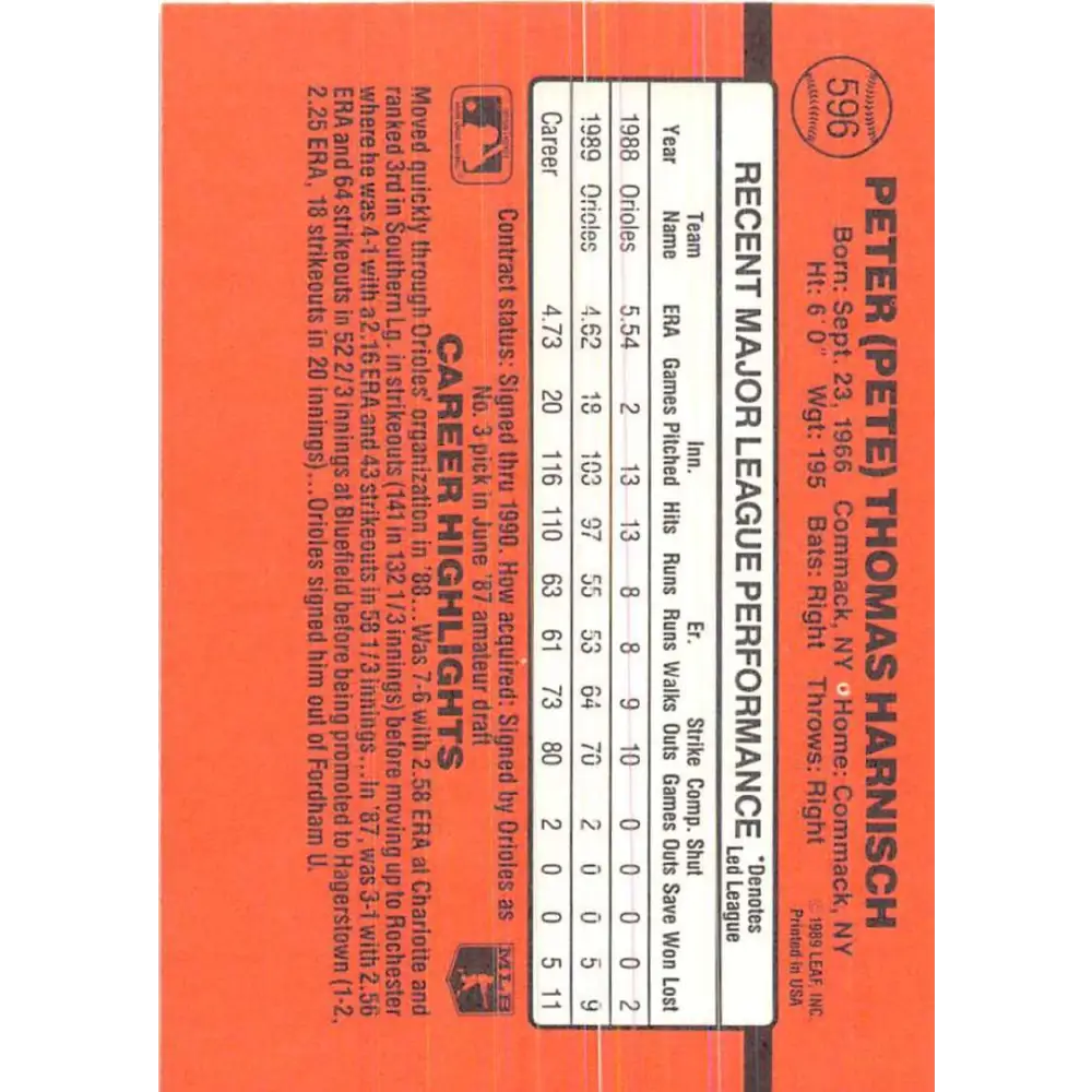1990 Donruss #596 Pete Harnisch DP VG-EX Baltimore Orioles Baseball Card Image 2