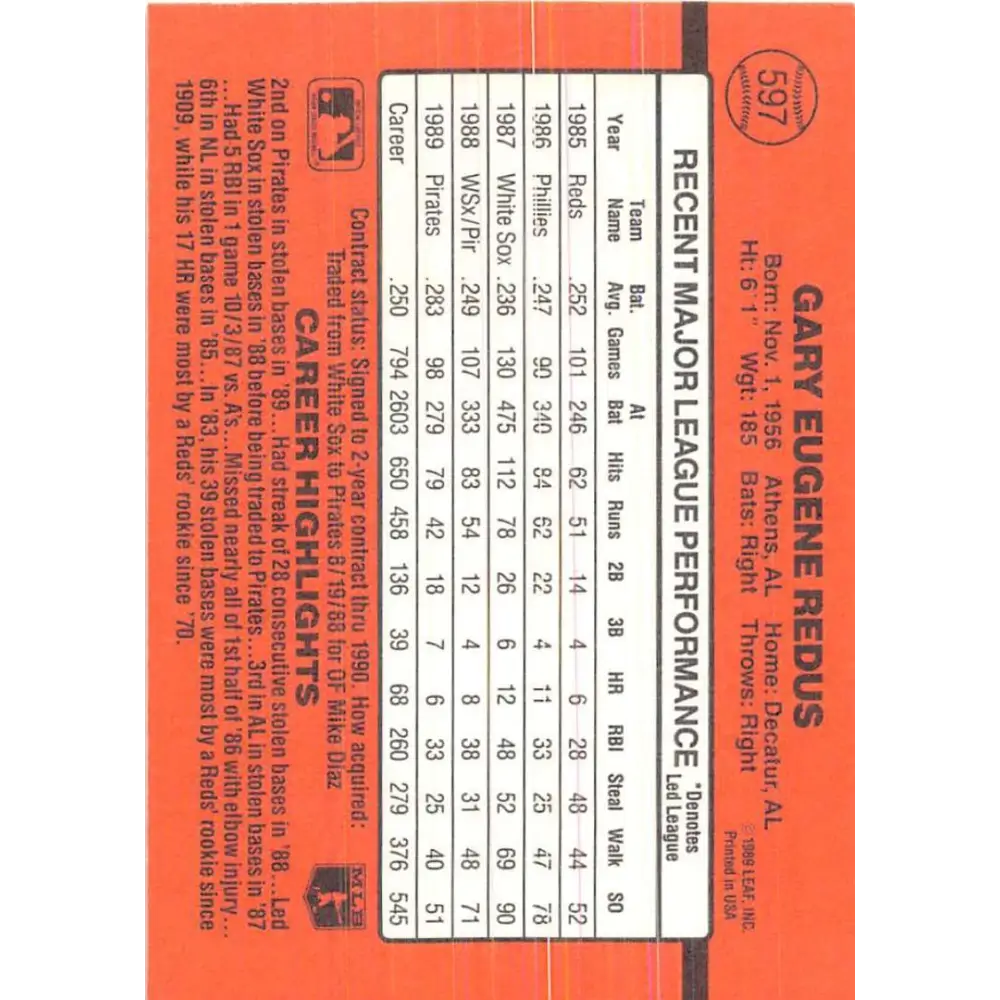 1990 Donruss #597 Gary Redus VG-EX Pittsburgh Pirates Baseball Card Image 2