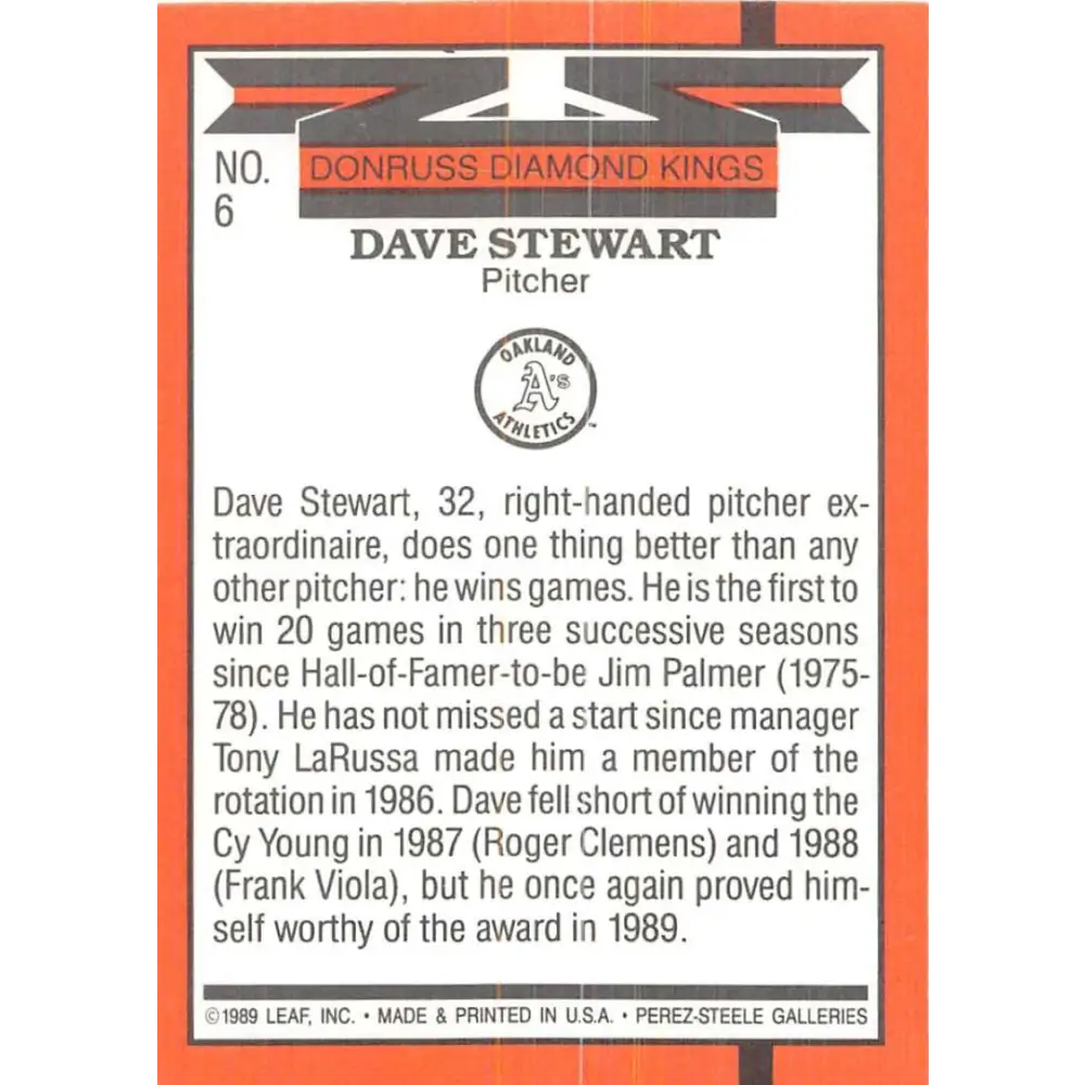 1990 Donruss #6 Dave Stewart DK VG-EX Oakland Athletics Baseball Card Image 2