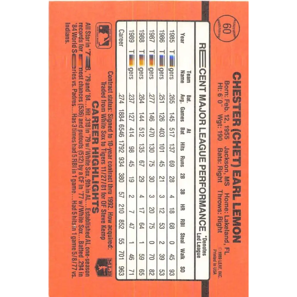 1990 Donruss #60 Chet Lemon VG-EX Detroit Tigers Baseball Card Image 2