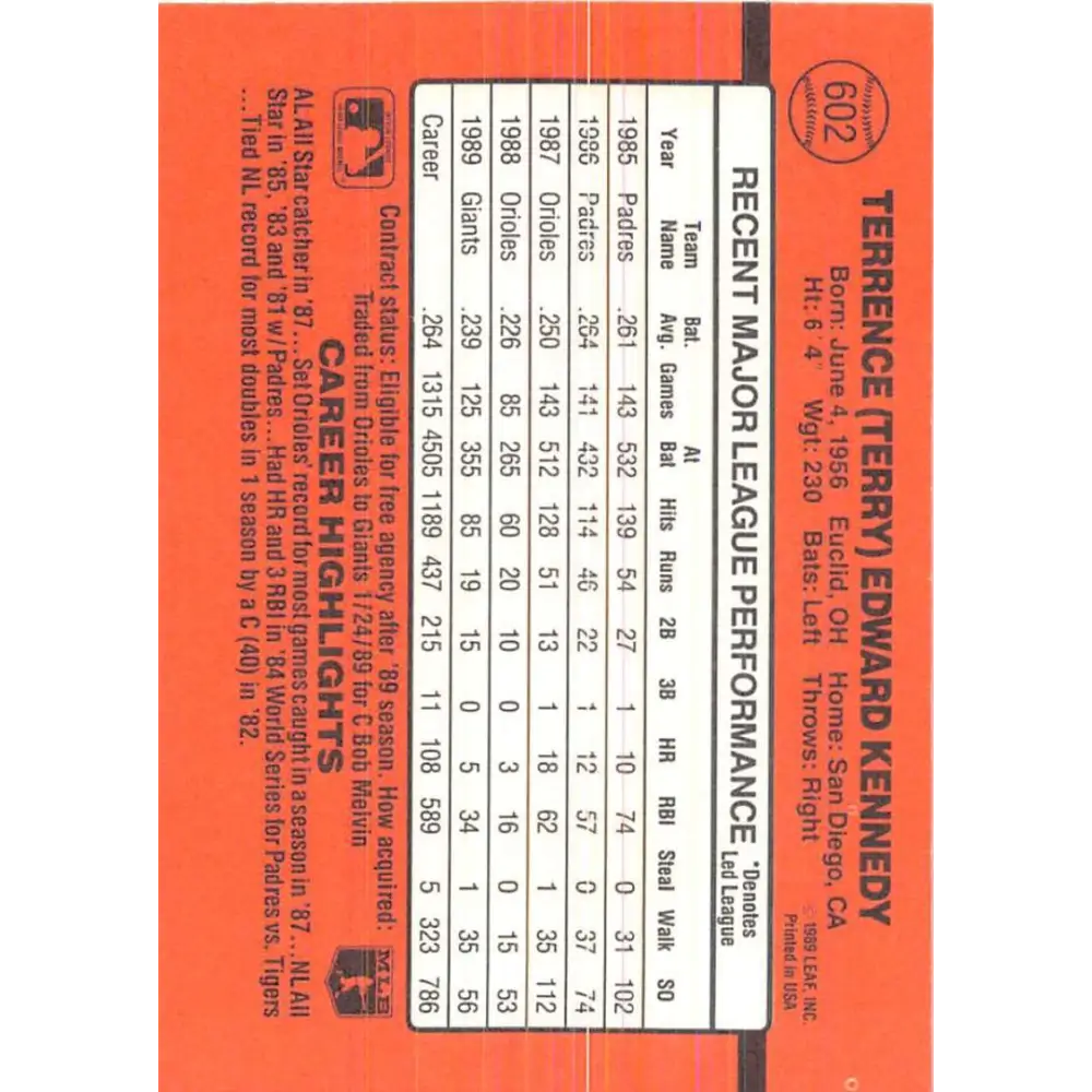 1990 Donruss #602 Terry Kennedy DP VG-EX San Francisco Giants Baseball Card Image 2